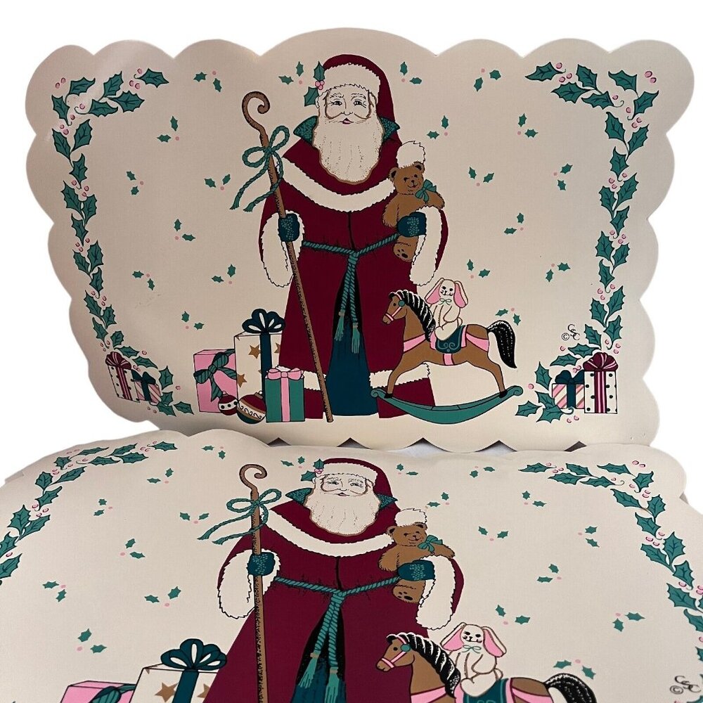 Santa Claus Holly Christmas Placemats Old Worl Vintage Set of 8 - Picture 3 of 4